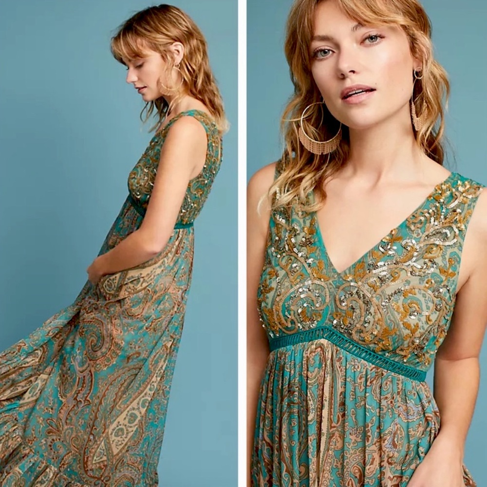 NWT Anthropologie sequin paisley gown